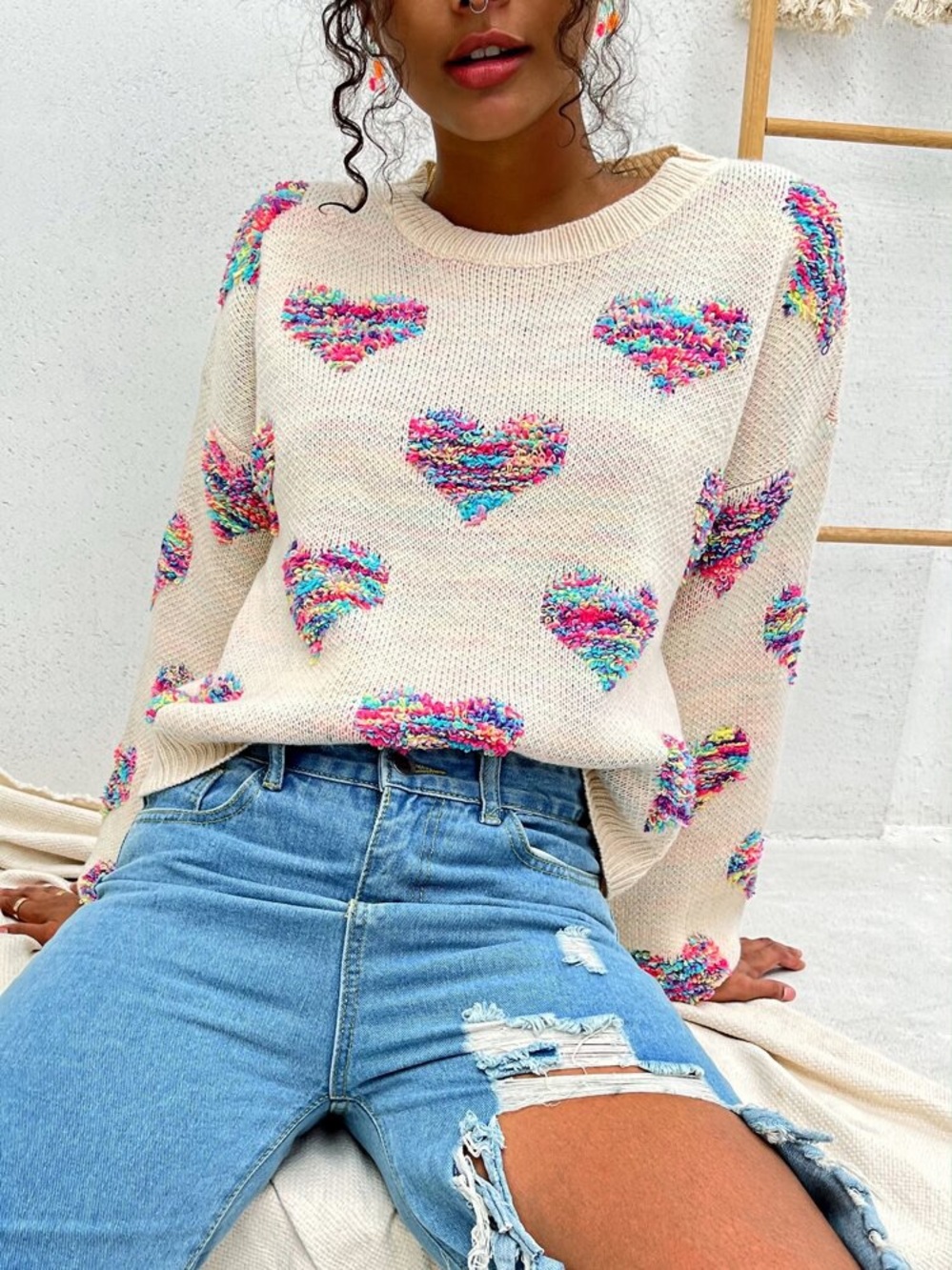 Crewneck Heart Pattern Sweater in Cream with Multicolor Hearts Large